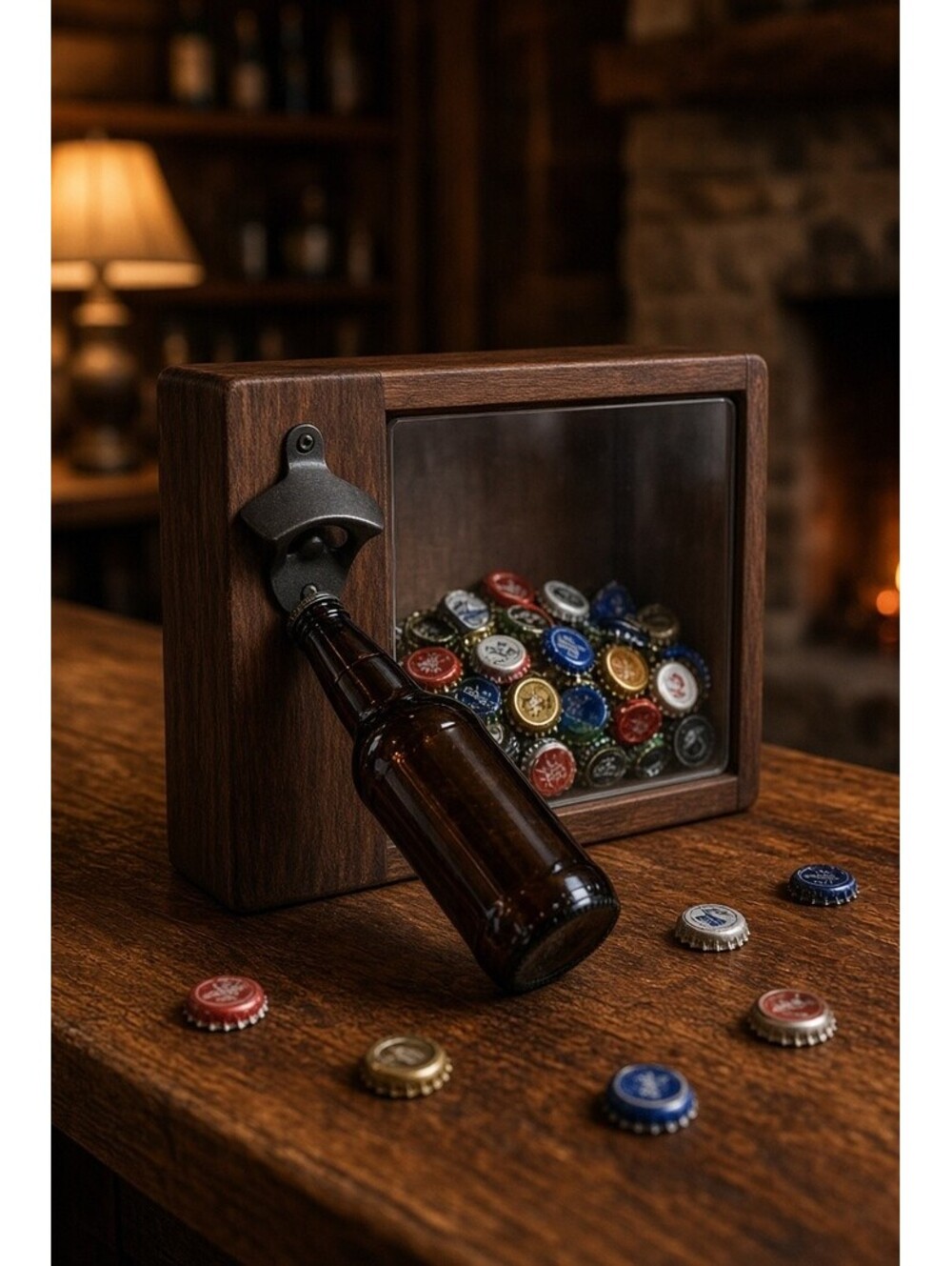 Meridian Point Wooden Bottle Opener and Cap Saver Box with Metal Hardware